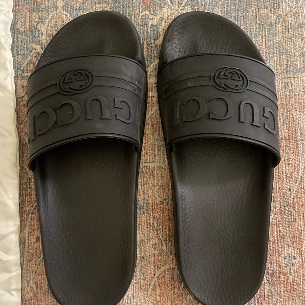 Gucci Black Slide Sandals with Embossed Branding